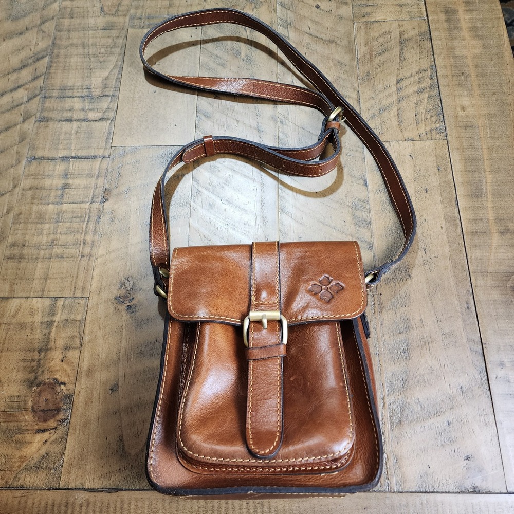 Patricia Nash Cognac Leather Crossbody Bag Small Messenger Buckle Flap Brown